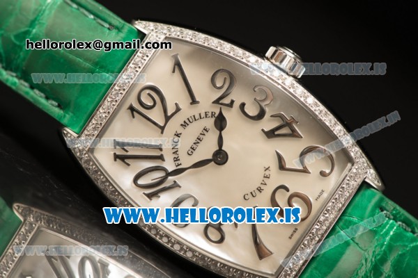 Franck Muller CINTREE CURVEX Diamond Bezel With Green Calfskin Strap Swiss Ronda 762 Quartz White Dial - Click Image to Close